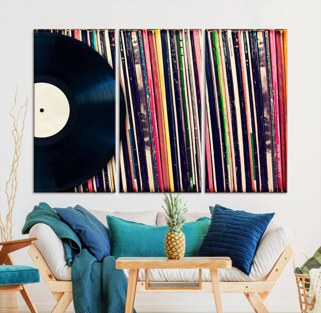 The room showcases the "Vinyl Record and Album Collection Canvas Wall Art," a perfect retro music decor piece for vintage vinyl lovers.