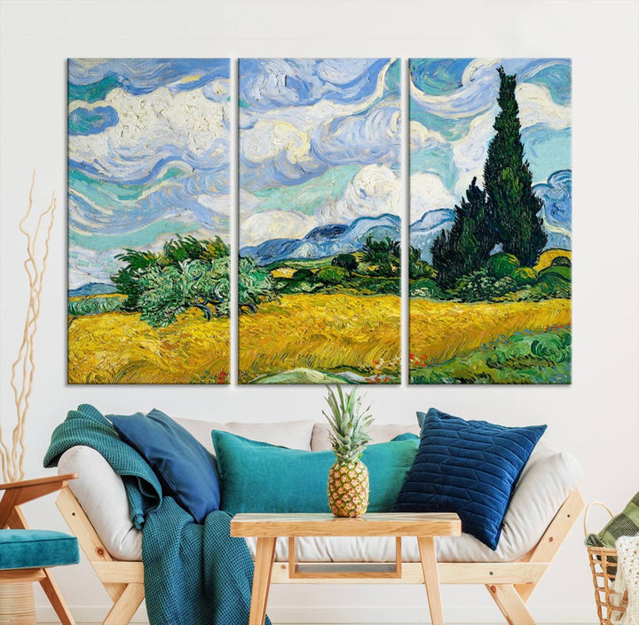 A contemporary living room features a large triptych of "Wheatfield With Cypresses By Van Gogh Painting Wall Art Canvas Print." Crafted on museum-quality canvas, this artwork brings a sense of elegance and craftsmanship reminiscent of professional artistry.