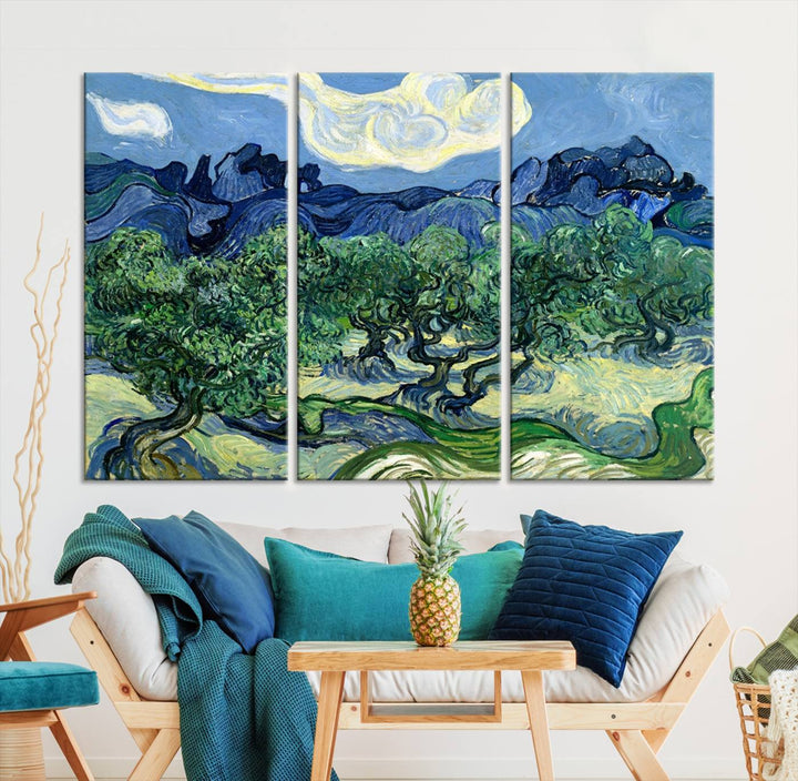 The Olive Trees Van Gogh Wall Art Canvas Print enhances the living room with its vivid landscape on museum-quality canvas, complete with a UV-protective coating.