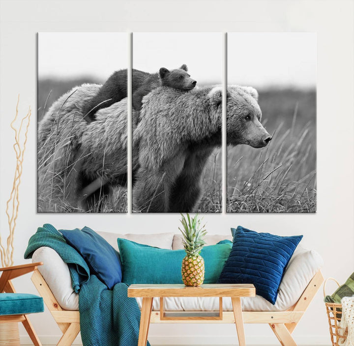 Baby Bear and Mom Bear Family Black & White Canvas Print Wall Art Canvas