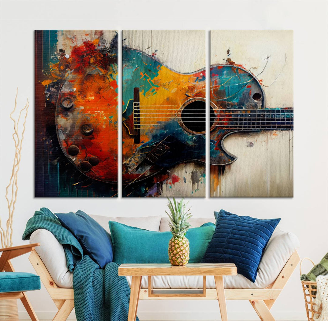 Abstract Guitar Wall Art Canvas | Vibrant Music-Inspired Art for Living Room or Studio | Colorful Music Decor Canvas Print