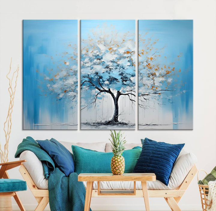 Modern living room featuring the Large Blue Abstract Tree Wall Art Canvas Printing. Enjoy the elegance with free shipping.