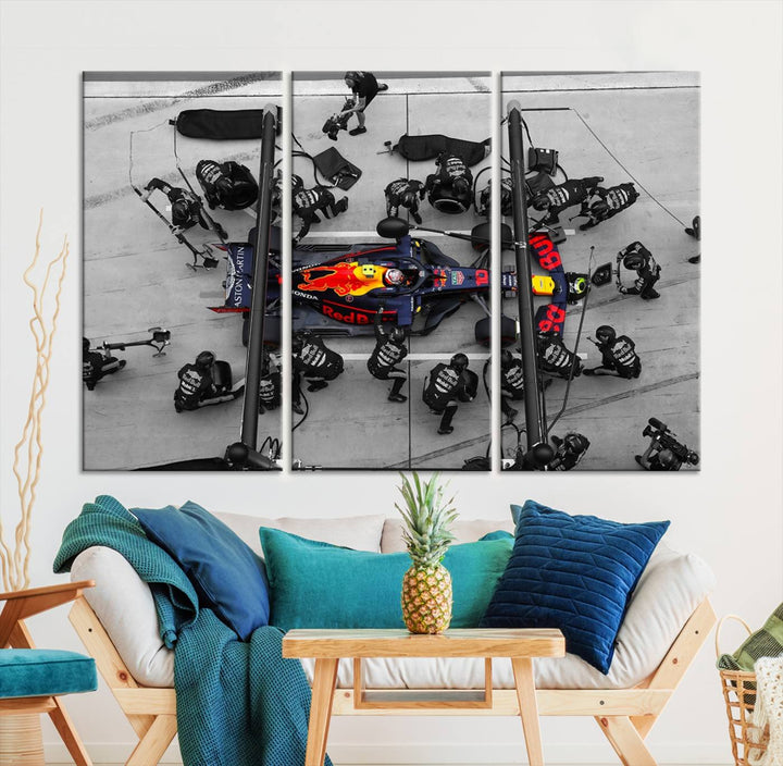 The RedBull Formula 1 Canvas Wall Art Print, a set of three gallery-quality pieces, elegantly adorns the wall.