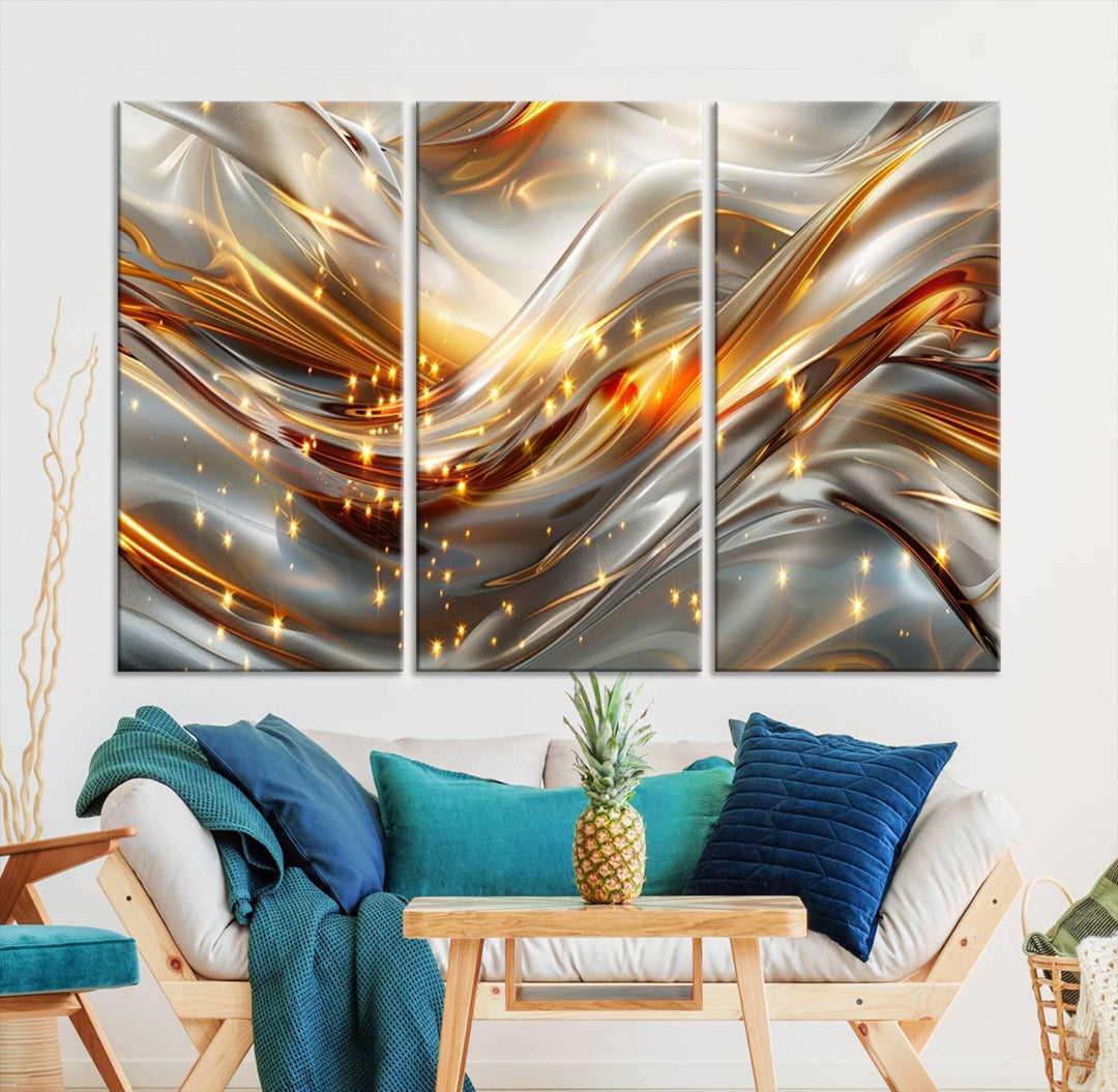 The Elegant Modern Gold Abstract Wall Art - Premium Framed Canvas Print for Home & Office Decor showcases a captivating triptych with swirling metallic designs and golden sparkles, perfectly enhancing contemporary interiors.