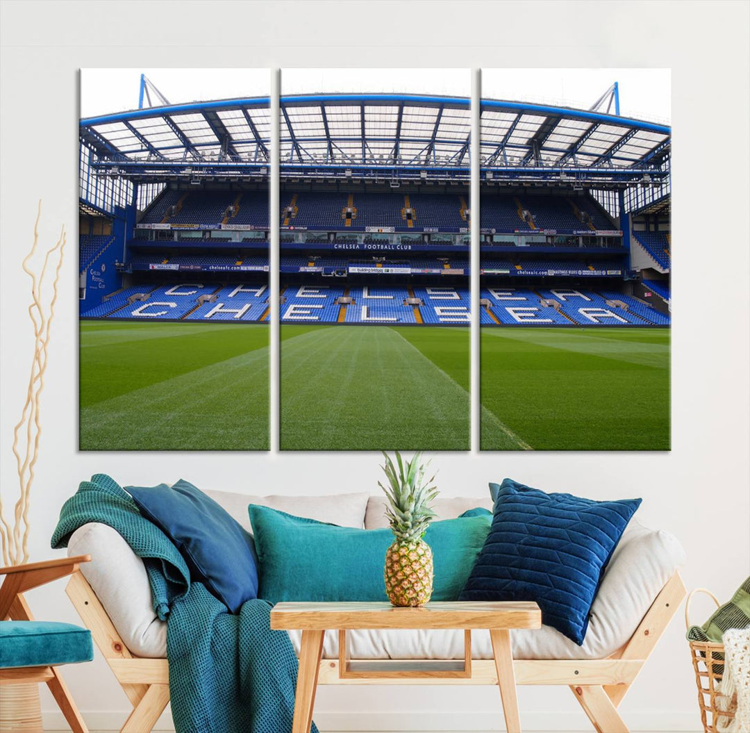 The Chelsea FC Soccer Team Print - Stamford Bridge Stadium Wall Art Canvas Print hangs elegantly, bringing the thrill of the game into your living room.