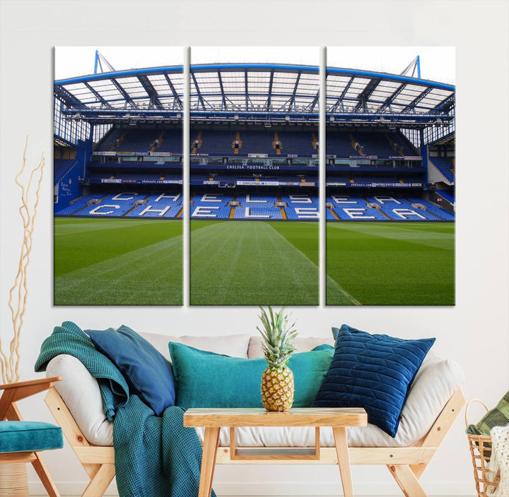 The Chelsea FC Soccer Team Print - Stamford Bridge Stadium Wall Art Canvas Print hangs elegantly, bringing the thrill of the game into your living room.