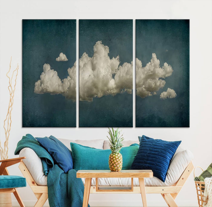 The Vintage Green Clouds Wall Art Canvas Print, set against a teal backdrop, showcases breathtaking canvas artwork with a gallery-quality finish.