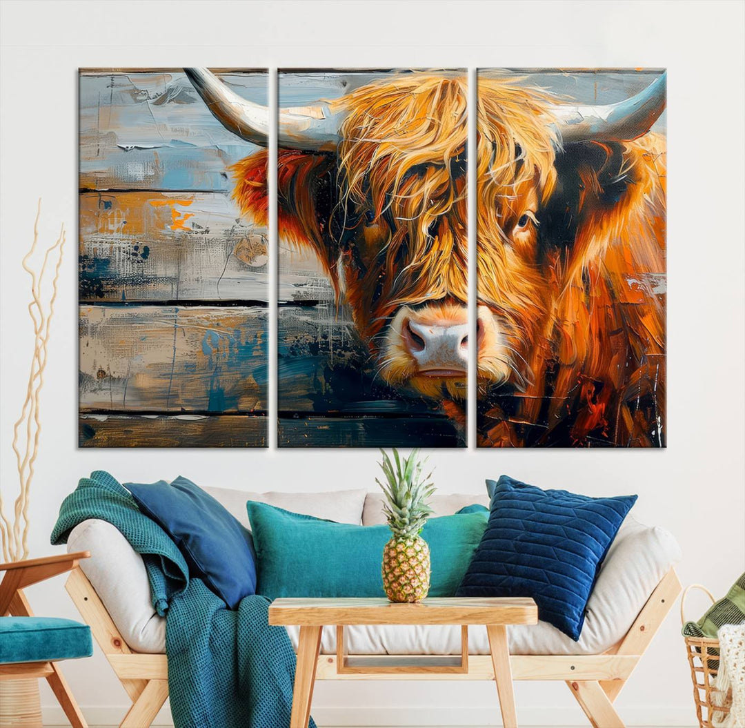 The Highland Cow Abstract Canvas Wall Art, a bold piece of farmhouse rustic decor, adds charm to the modern living room.