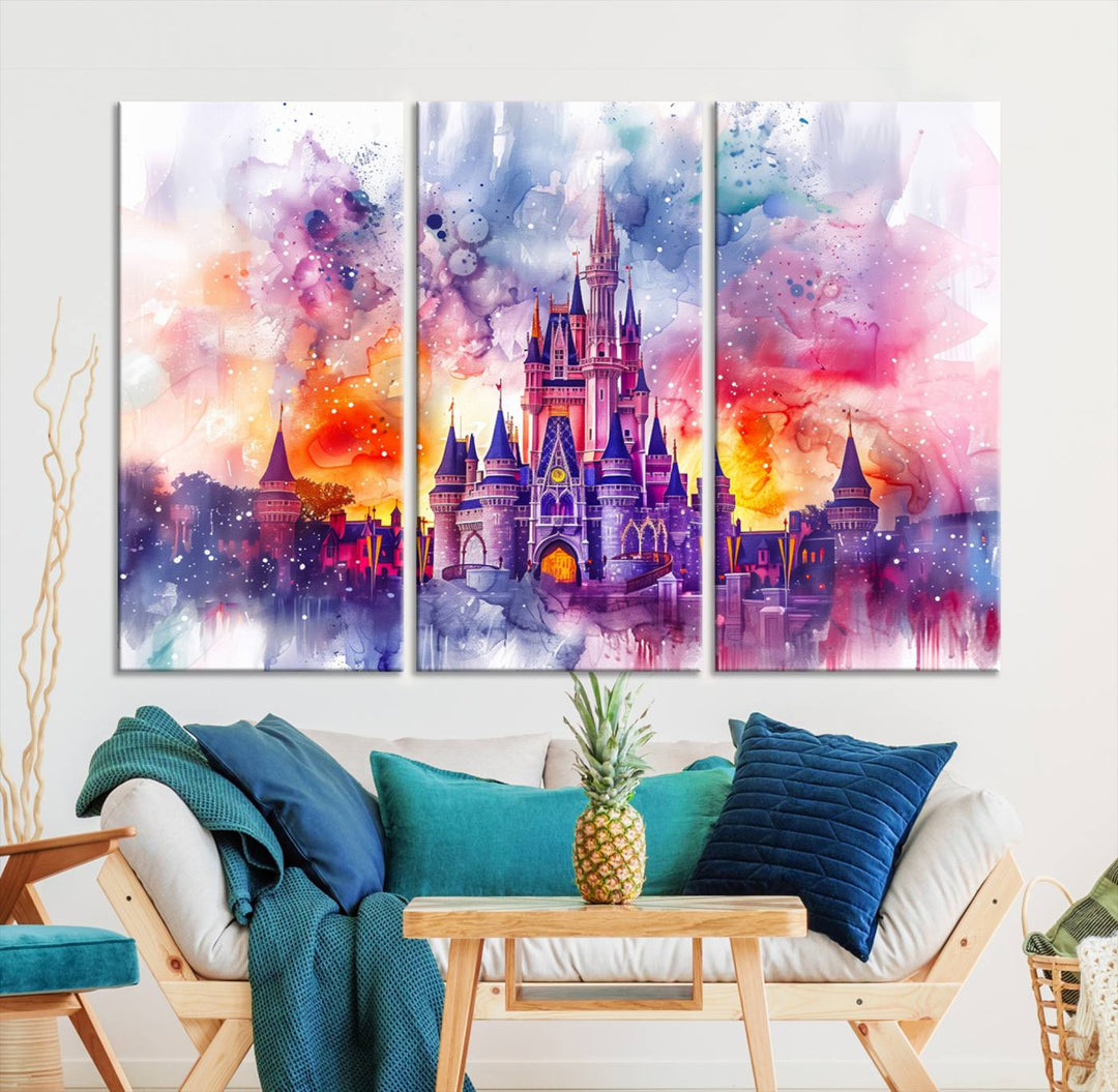 A vibrant piece of wall art depicting the Cinderella Castle from Disneyland, presented as a watercolor painting on premium canvas, is displayed.