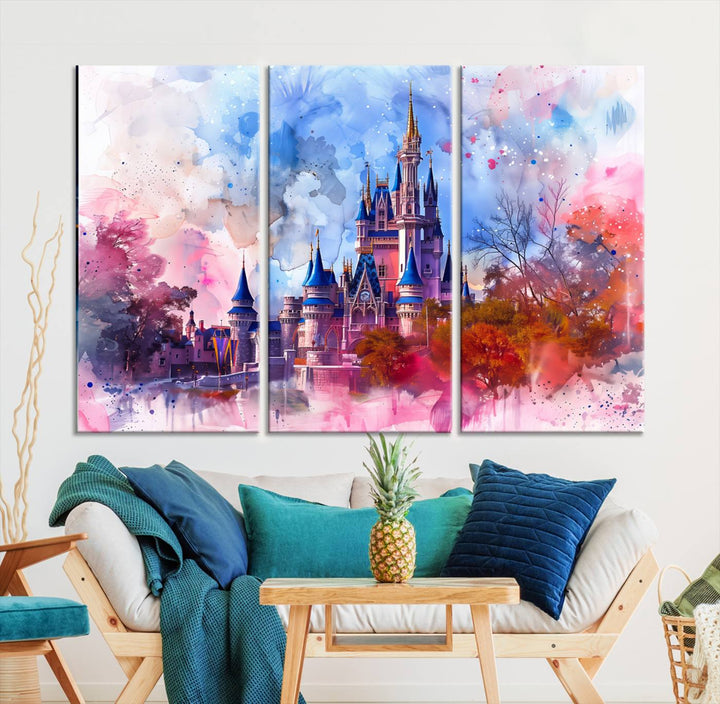 The Disney Wall Art: Dreamy Watercolor Cinderella Castle Canvas Print features a fairy-tale castle with vibrant pink, blue, and purple hues. Expertly handmade in the USA, this premium canvas wall art adds a touch of enchantment to any room.