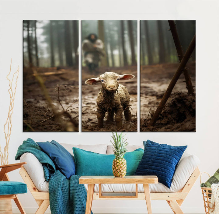 Jesus Running After a Lost Lamb Canvas Wall Art Print