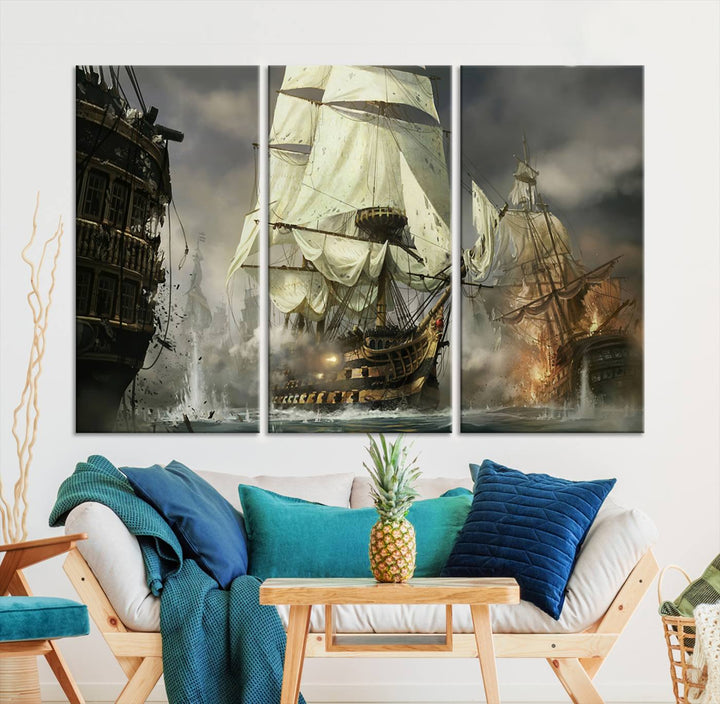 The Pirate Ship War Wall Art Canvas Print, featuring a stunning three-panel depiction of an intense sea battle with tall ships, boasts a gallery-quality finish that adds an elegant touch to its display.