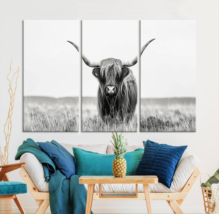 The living room is enhanced by a stunning three-panel Longhorn Wall Art Canvas Print. This museum-quality piece of Texas Longhorn Art comes on a gallery-wrapped canvas with a UV-protective coating to keep it vibrant under everyday light exposure.