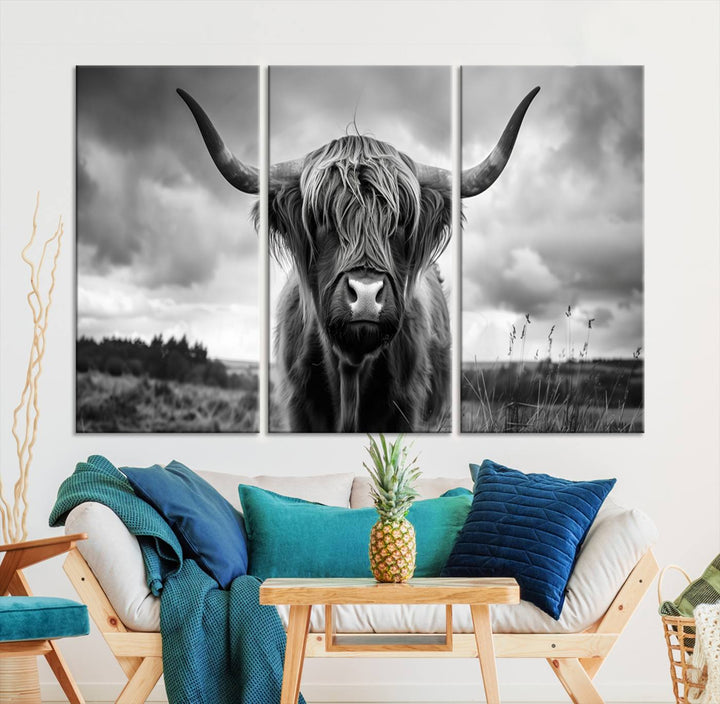 A stunning gallery-quality piece, the "Scottish Cow Wall Art Canvas Print | Longhorn Wall Art | Bighorn Animal Wall Art," depicts a Highland cow with long horns and shaggy fur. This captivating wall art elegantly enhances the space.