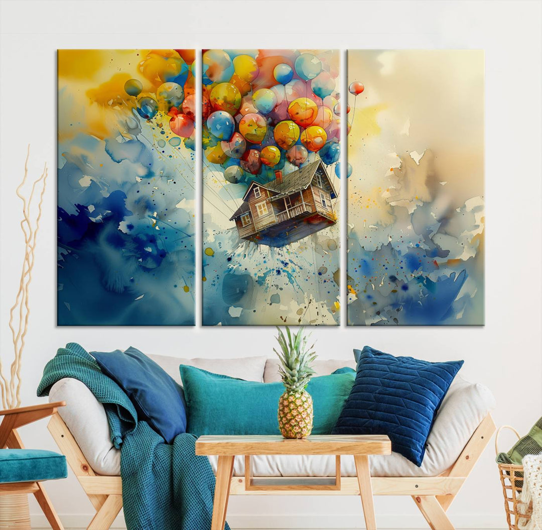 The Cartoon Movie Wall Art Canvas Print, featuring a vibrant house lifted by balloons and split across three panels, serves as captivating wall art. Handmade in the USA, it adds charm and whimsy to any space.