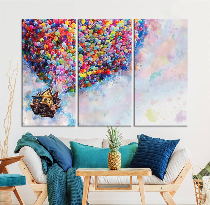 The "Watercolor Cartoon Movie Balloons Canvas Print" is showcased, depicting a whimsical house being lifted by colorful balloons. This triptych wall art is crafted on museum-quality canvases with a UV-protective coating to maintain its vibrant colors, making it ready to hang in any room.