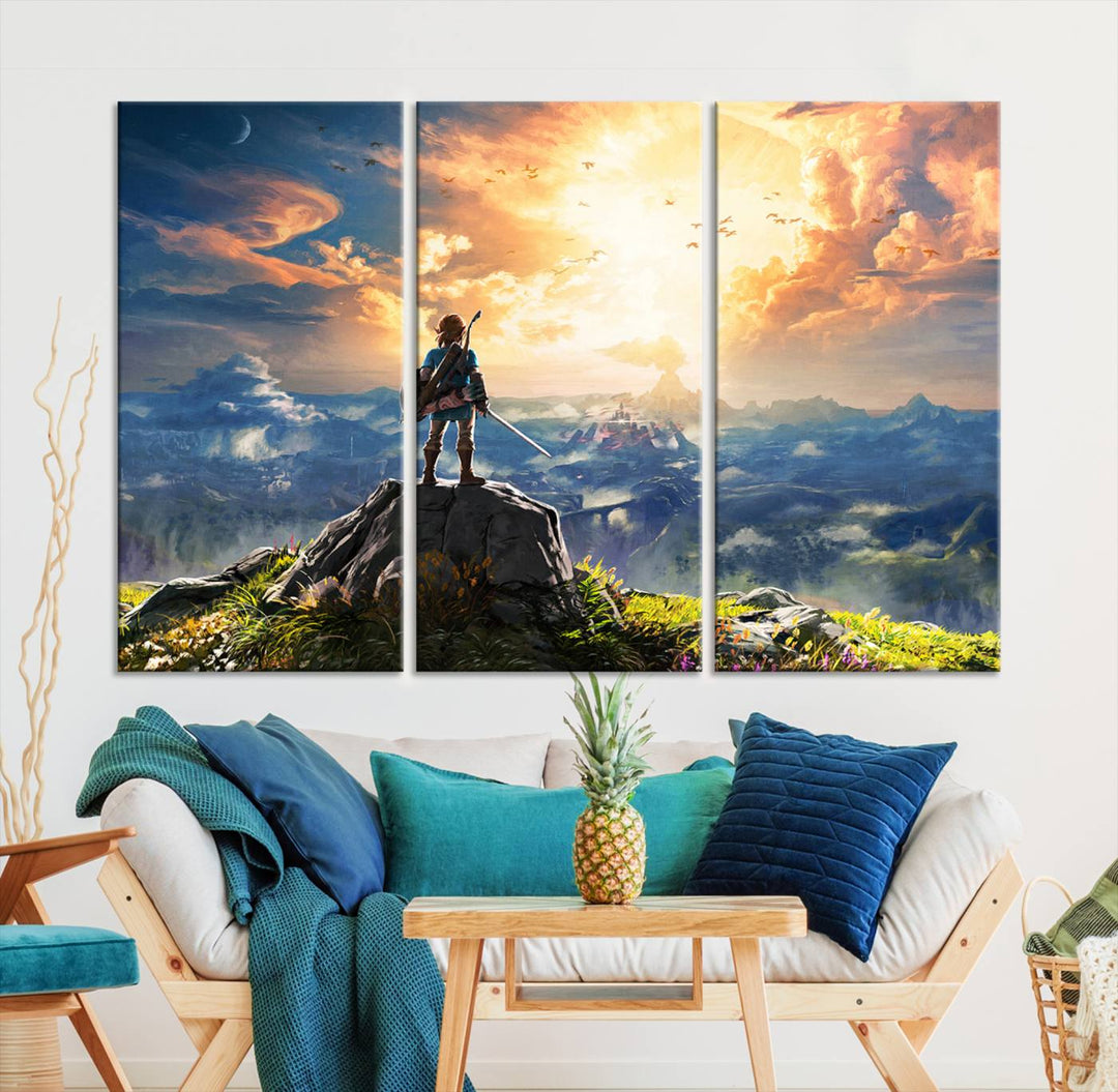 The Legend of Zelda Breath of the Wild Game Wall Art Canvas Print showcases a fantasy landscape with a character on a cliff, all rendered in gallery-quality finish on premium canvas.