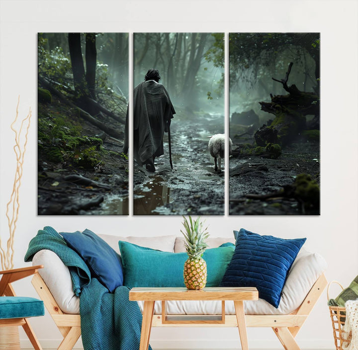 The "Forest Jesus Shepherd Canvas Wall Art" features a person with a cane, clothed in a cloak, walking beside a sheep through a misty forest. This piece captures tranquility and is ideal for adding serenity to your living room, office, or bedroom decor.