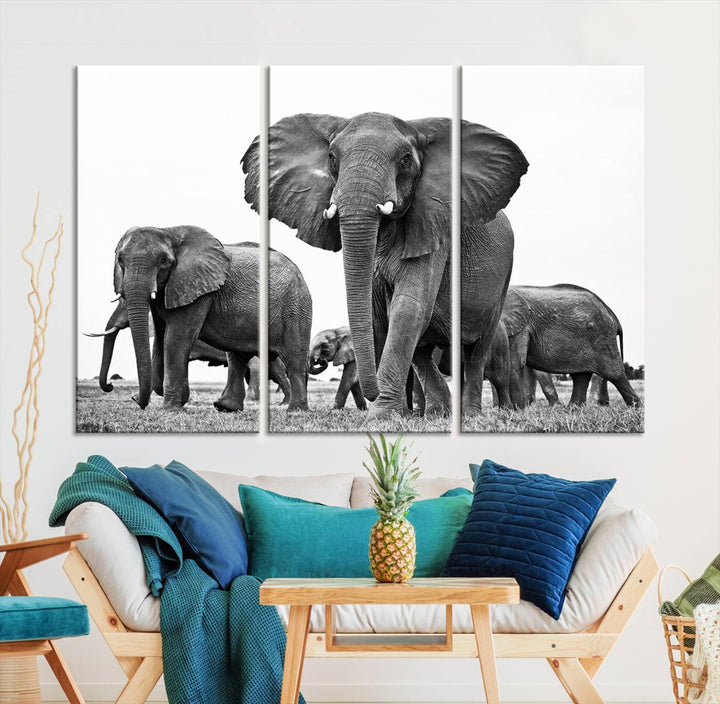 The Black White Elephant Family Wall Art Canvas Print features a triptych of elephants walking in the wild, crafted as gallery-quality wall art on premium canvas.