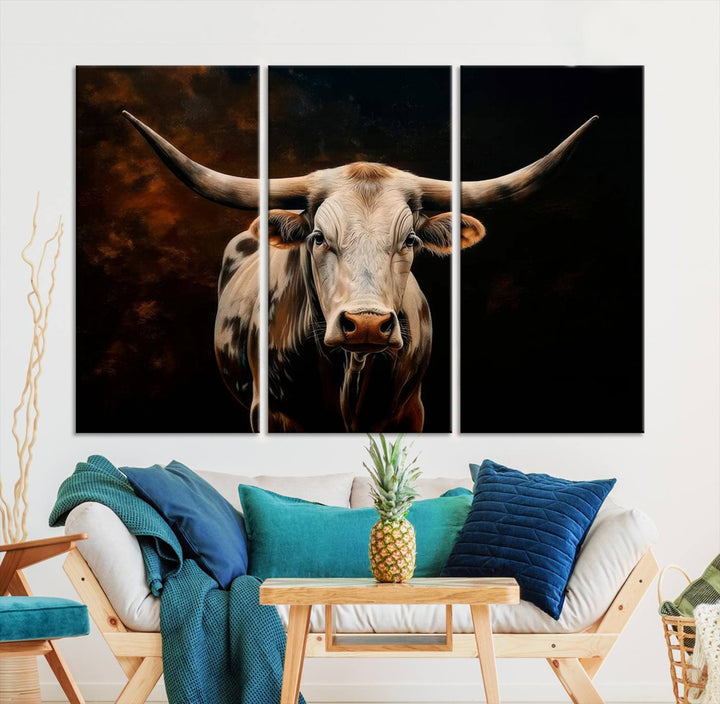 The Texas Longhorn Wall Art, a 3-panel large canvas print, infuses the room with a dash of cowboy charm.