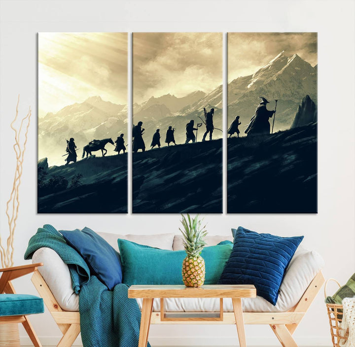 A canvas print titled "Lord of the Rings Silhouette Wall Art Capturing the Epic Quest Through Middle-Earth - The Fellowship's Journey" is displayed.