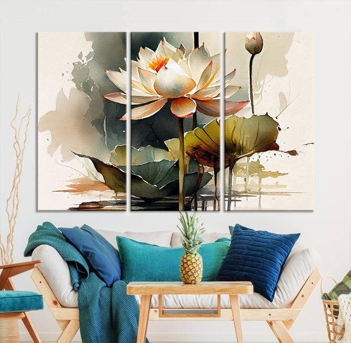 The Lotus Flower Watercolor Canvas Print, a contemporary wall art piece symbolizing serenity and growth with its soft watercolors, adorns the wall.