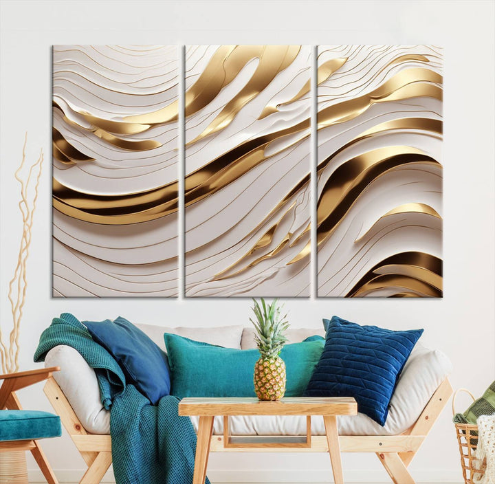 The "Gold and White Abstract Wave Canvas – Elegant Flowing Design with Luxurious Golden Accents" beautifully enhances the area and creates a stunning focal point in the room.