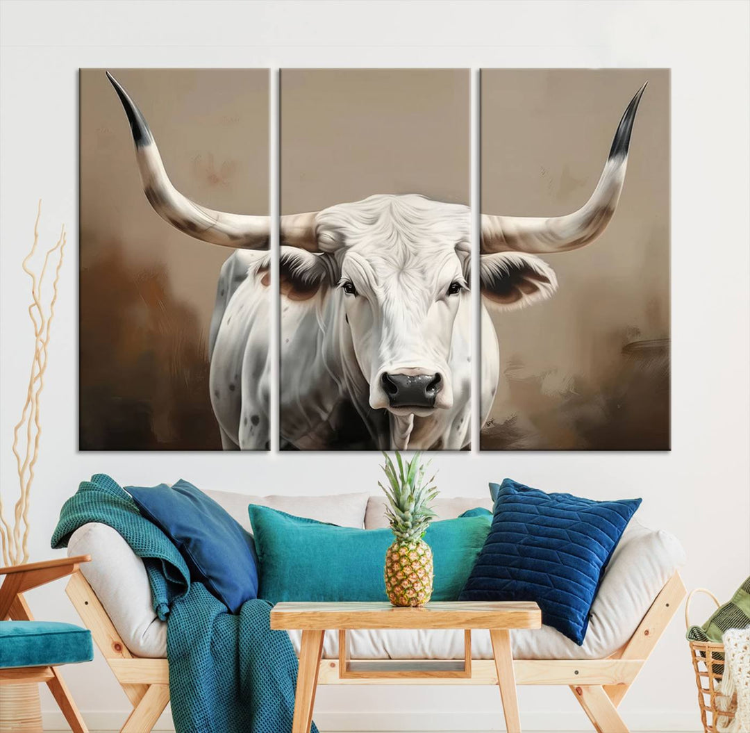 Texas Longhorn Canvas Wall Art features a triptych design on premium canvas with a gallery-quality finish.