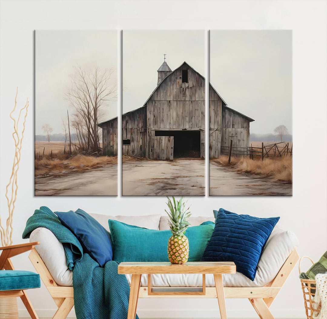 A framed and ready-to-hang Farmhouse Rustic Barn Wall Art Canvas Print is displayed against a gray wall. This stylish modern living room seamlessly combines rural life wall décor with contemporary comfort.