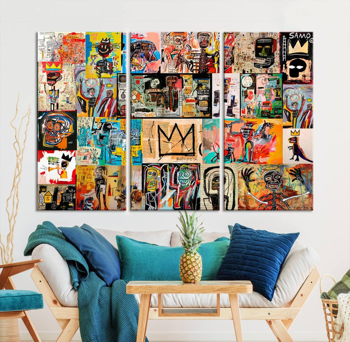 A vibrant Basquiat Art Collage Wall Art Canvas Print in an urban graffiti style adds a modern artistic flair.