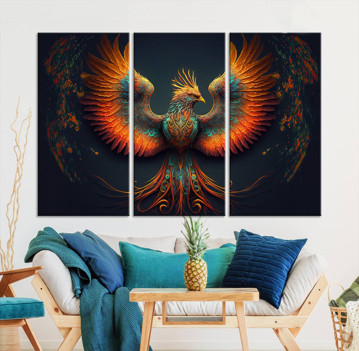 The Majestic Phoenix Wall Art Canvas Set, a fiery symbol of rebirth and strength, graces the wall.