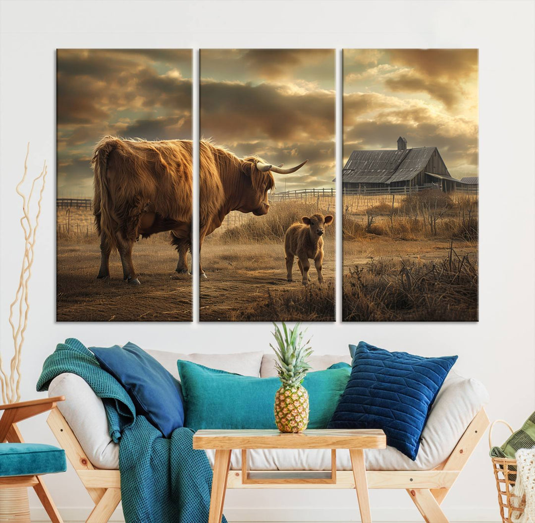 The living room features the "Highland Cow Canvas Wall Art Animal Print Pictures Fluffy Cattle Art," which captures a cow and calf in a rural sunset scene, adding gallery-quality charm.