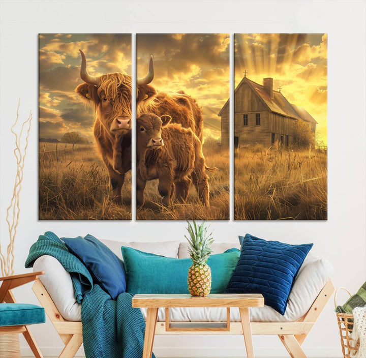 The room features the Barn and Highland Cow Canvas Wall Art Animal Print, a three-panel canvas depicting cows in a sunset field with a rustic barn backdrop. This handmade piece brings charm and character with its gallery-quality finish.