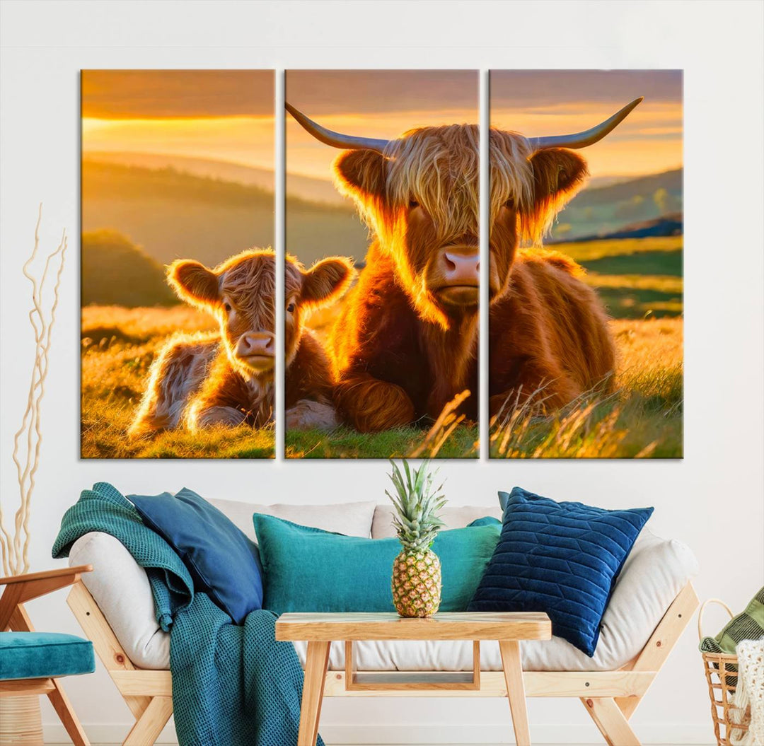 The living room showcases a gallery-quality finish with the Scottish Cow and Baby Cow Canvas Wall Art, featuring a charming animal print of fluffy cattle as the centerpiece. This stunning piece is displayed on premium canvas, creating an inviting atmosphere.