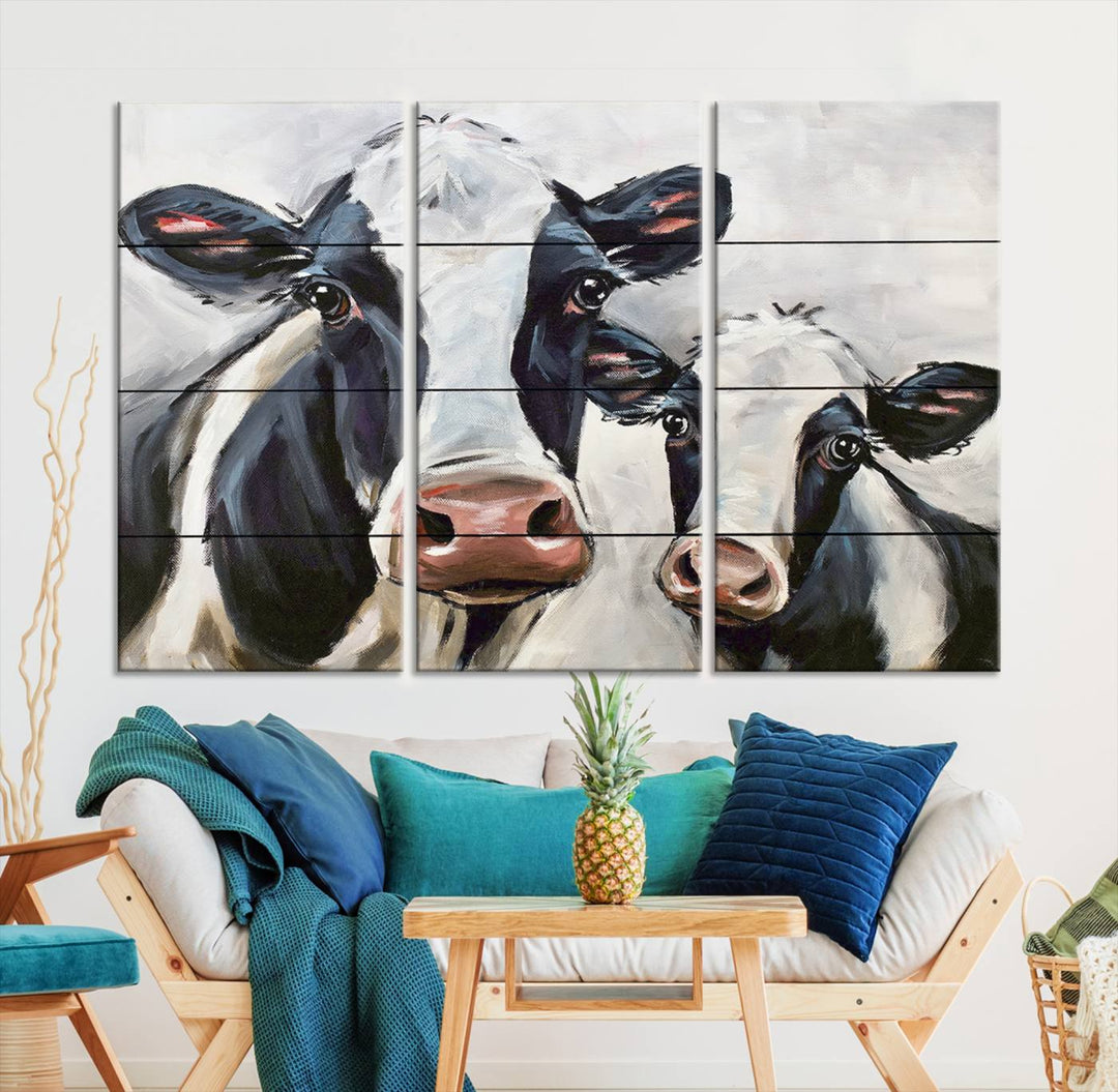 The Vintage Baby and Mom Cattle Wall Art Canvas Print is prominently displayed, adding a touch of contemporary and farmhouse decor to the modern living room.