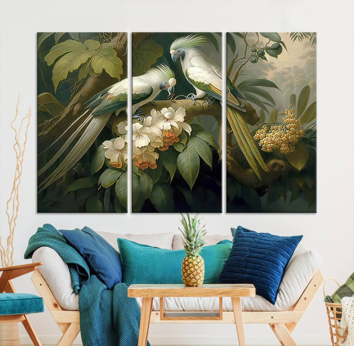 Crafted in the USA, this Tropical Paradise Print wall art features a stunning parrot amidst a lush forest and beautiful flowers.