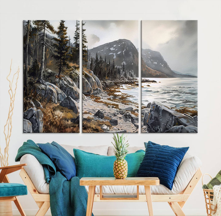 The stunning Serene Coastal View of Acadia National Park is a 3-panel wall art canvas print that beautifully captures a tranquil mountain and lake scene.