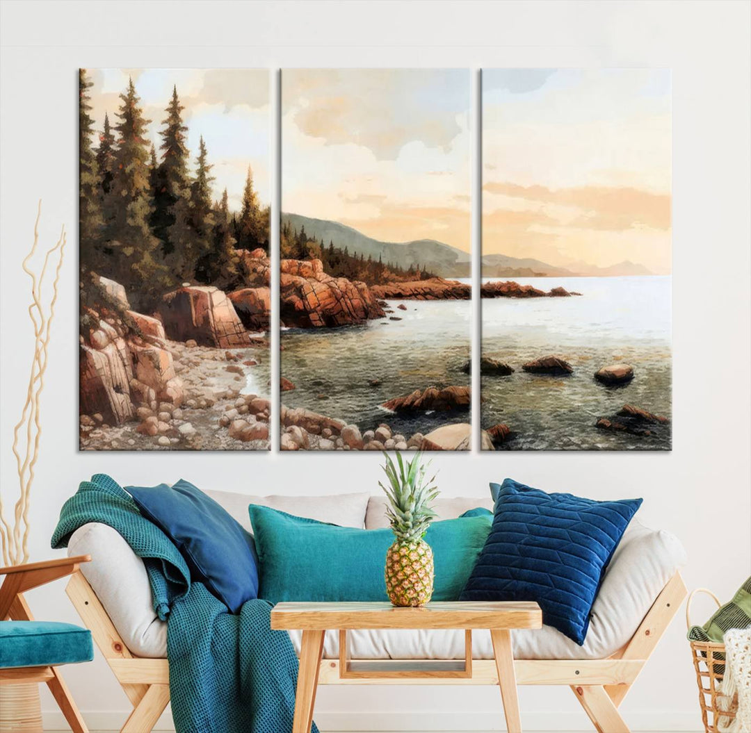 Serene Coastal View of Acadia National Park - Stunning 3-Panel Wall Art Canvas Print, Framed, Ready to Hang