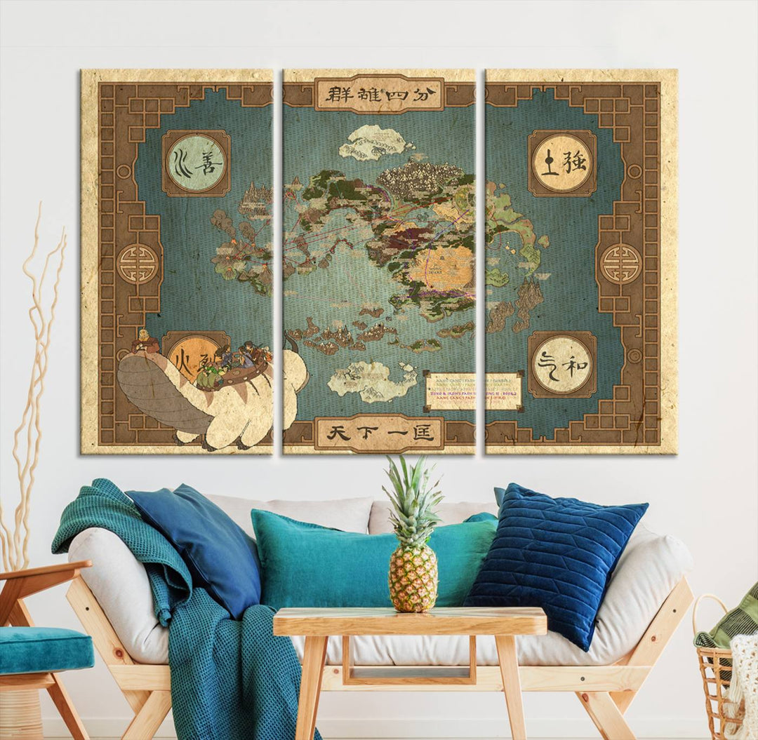 Hanging above is the Avatar: The Last Airbender Vintage Map - Wall Art Canvas Print, framed and ready to hang, showcasing an enchanting glimpse into the iconic four nations design.