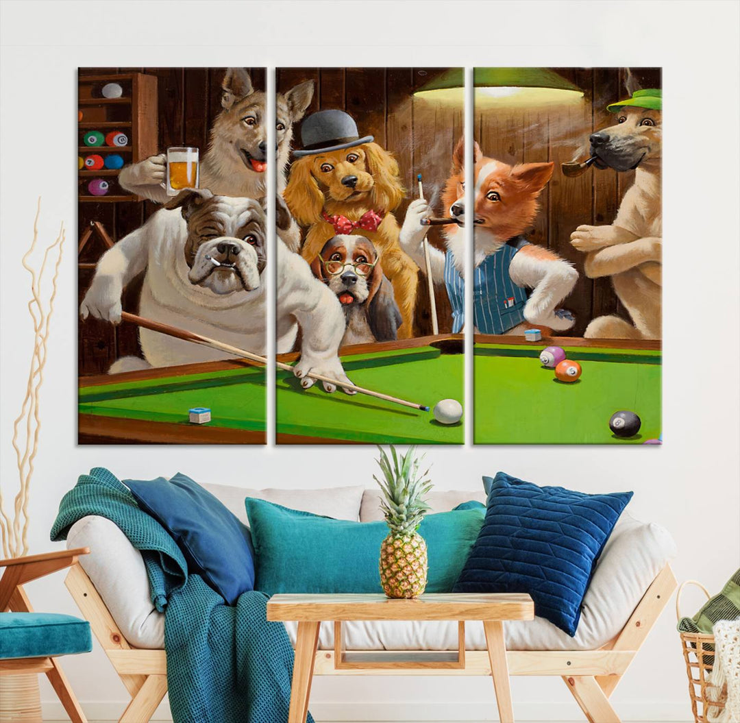 The "Dogs Playing Pool Canvas Wall Art" features a whimsical scene of dogs dressed as humans playing pool in a bar, presented as a three-panel display with a gallery-quality finish.