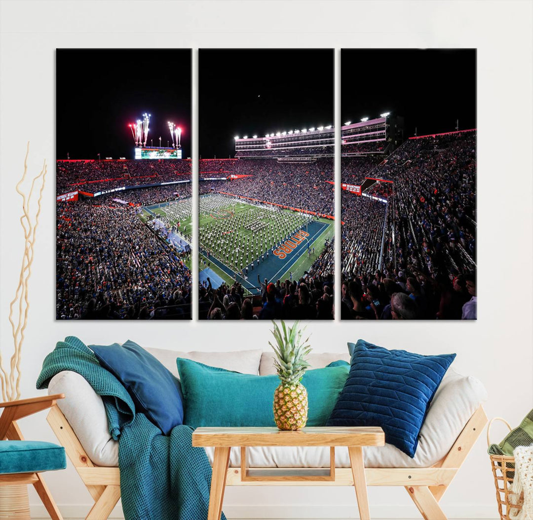 Ben Hill Griffin Stadium Night Game Triple Canvas Wall Art - Florida Gators Football Match