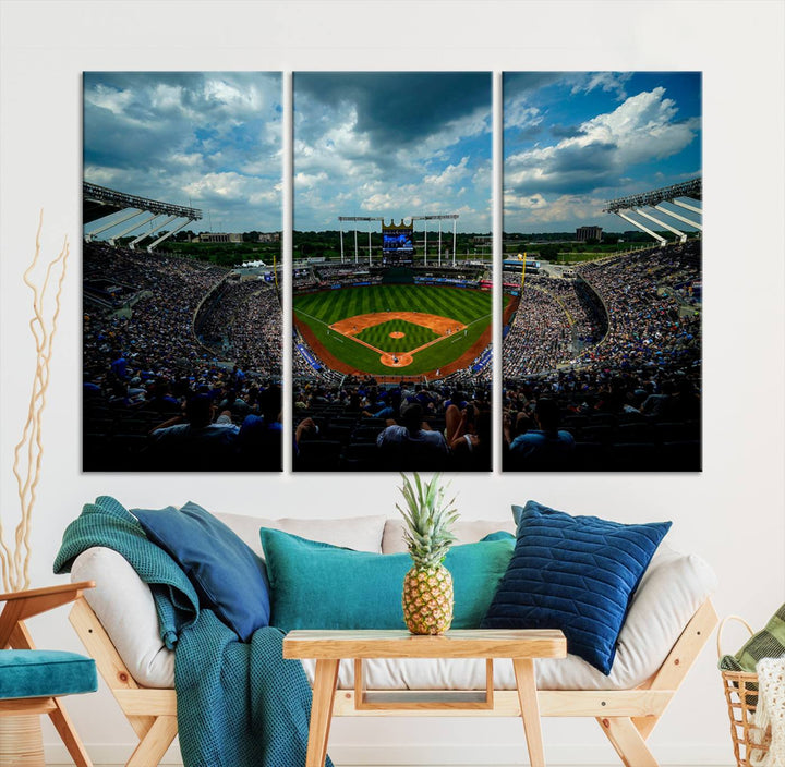 Kauffman Stadium Day Game Triple Canvas Wall Art - Kansas City Royals MLB Match