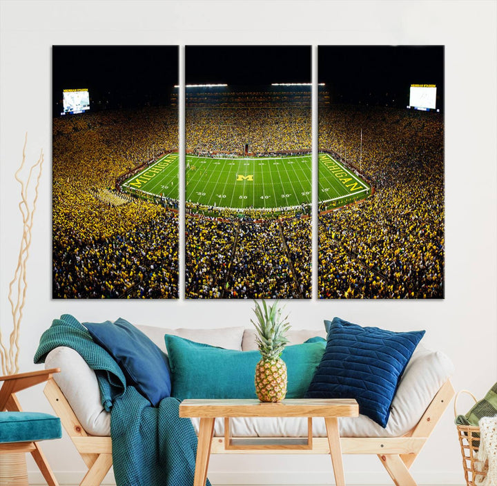 Michigan Wolverines Football Team Print - Michigan Stadium Night Game Triple Canvas Wall Art - University of Michigan Football Match