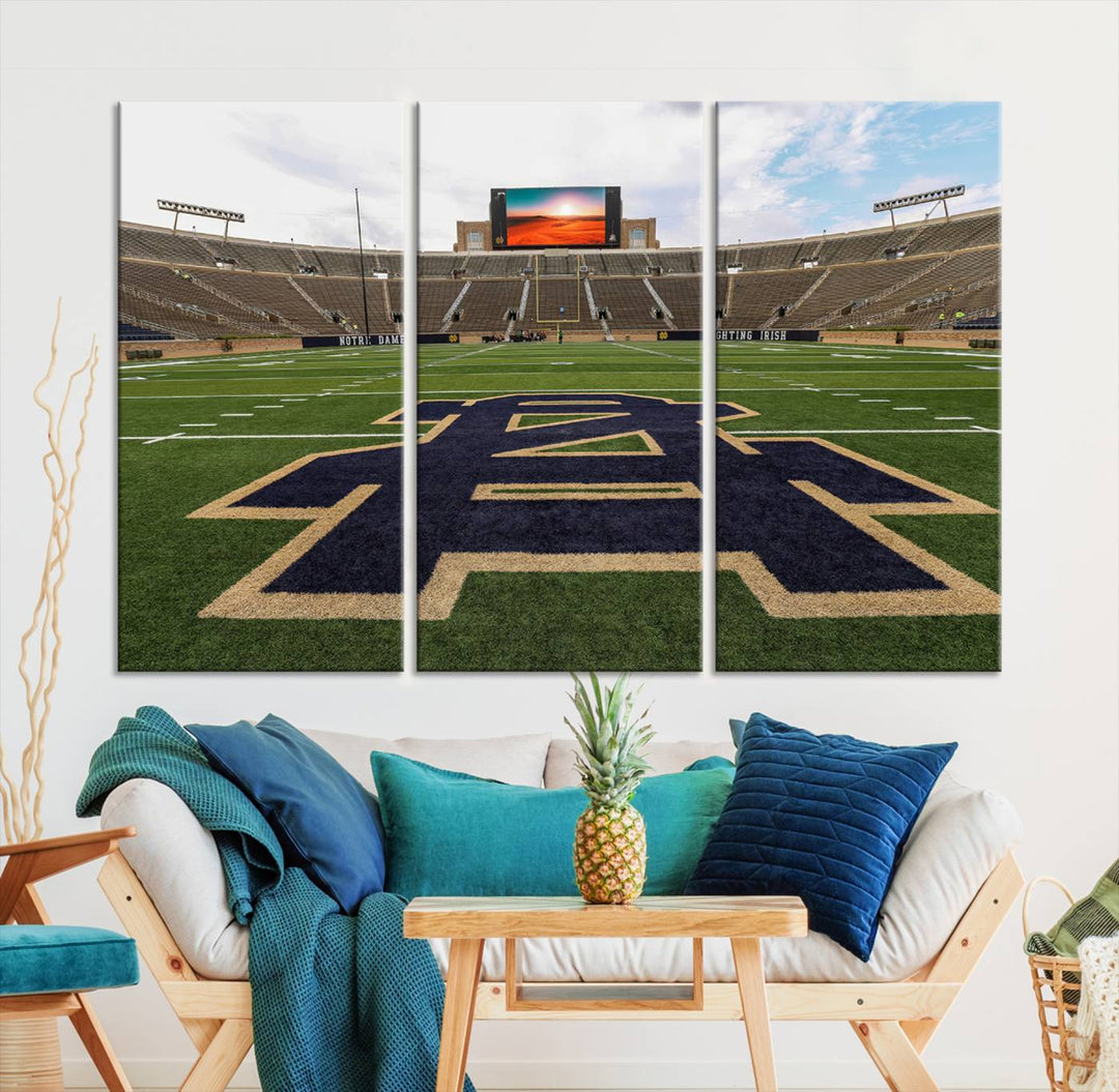 Notre Dame Stadium Giclee Canvas Print | Triptych Wall Art Featuring Iconic Notre Dame Football Field | Ready-to-Hang Sports Stadium Decor