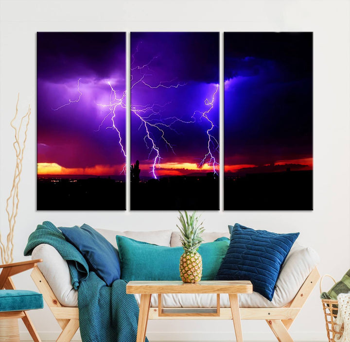 Electrifying Sunset Thunderstorm Canvas Print – Dramatic Lightning and Vibrant Sunset Wall Art