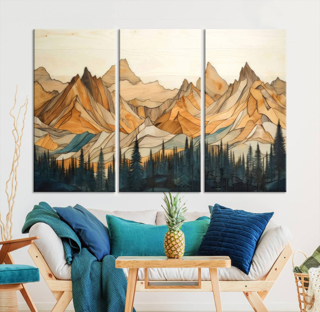 Rustic Wood Style Mountain Wall Art Print | Triptych Giclee Print Featuring Handcrafted Forest and Mountain Range Design | Framed Ready-to-Hang Print