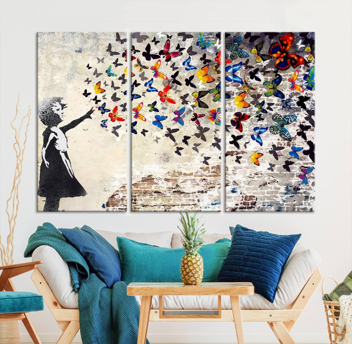 Banksy-Style Graffiti Wall Art Canvas Print: Girl Releasing Vibrant Butterflies – Ready to Hang