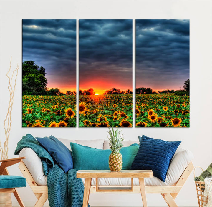 Golden Sunflower Field at Sunset – Breathtaking Sky and Vibrant Flowers, Ready to Hang Wall Art Canvas Print