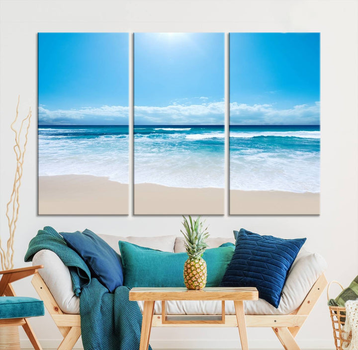 Lienzo decorativo para pared grande con estampado de mar y playa azul brillante