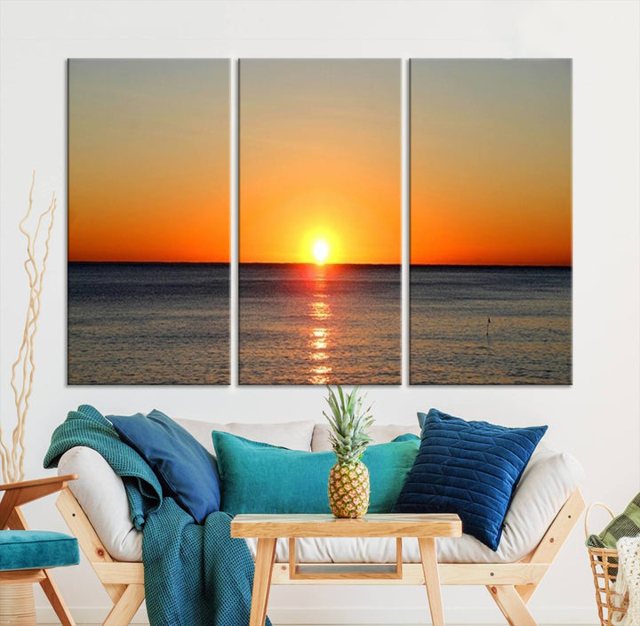 Golden Horizon Sunset Over Ocean Wall Art Canvas Print – Tropical Beach Canvas Wall Art – Giclee Print for Coastal Theme Decor Print